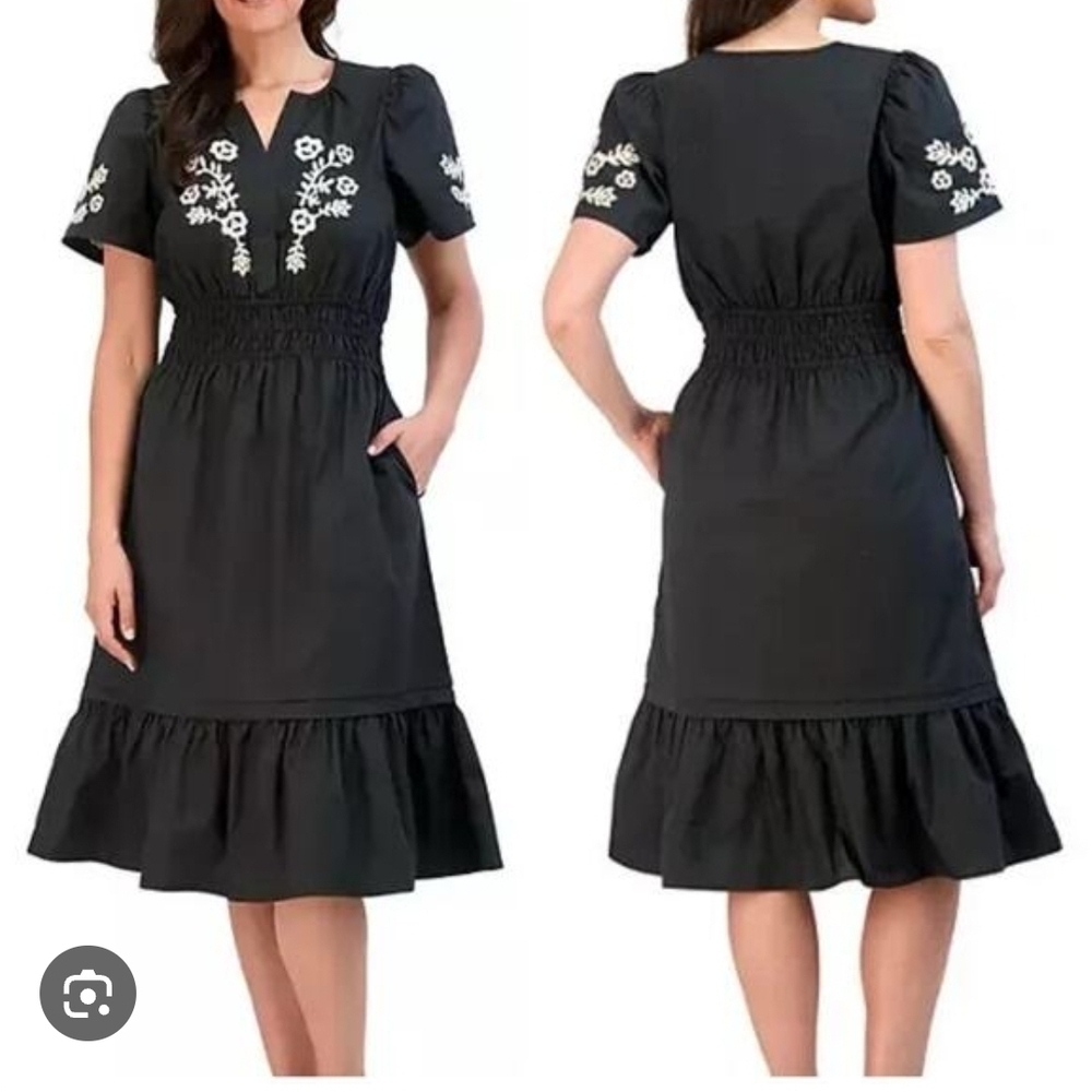 French Connection Women’s Black Embroidered Puff Sleeve Midi Dress S